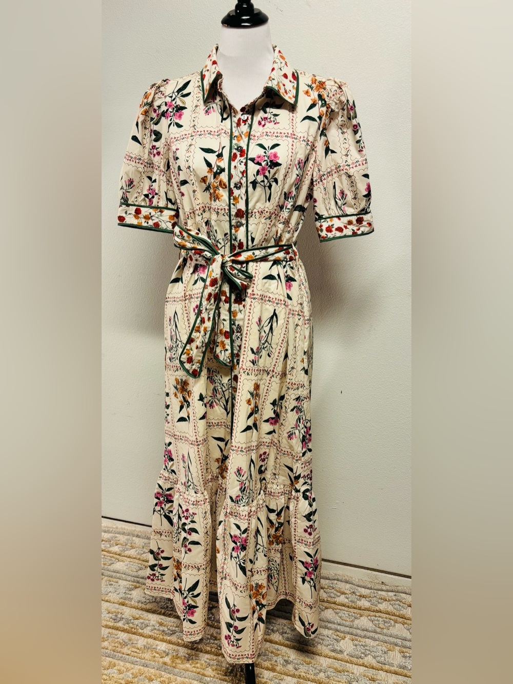 Entro Cottagecore Floral Button Front Puff Sleeve Belted Dress NWOT